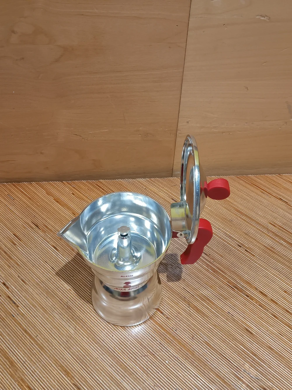 Alessi Stainless Steel Espresso Maker with Red Handle and Knob